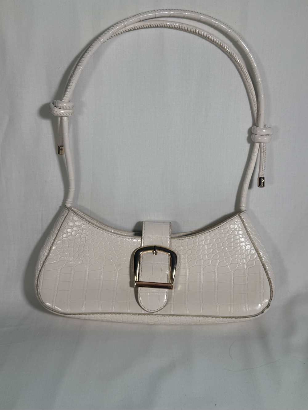 Y2K White Croc Embossed Buckle Shoulder Bag Mini Baguette Purse Retro Chic